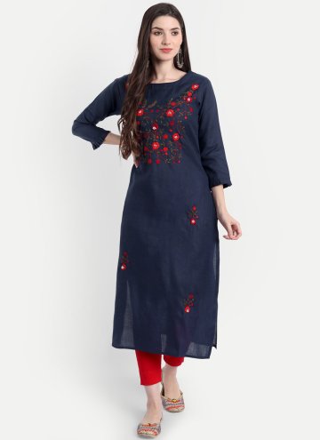 Blended Cotton Party Wear Kurti in Navy Blue Enhan