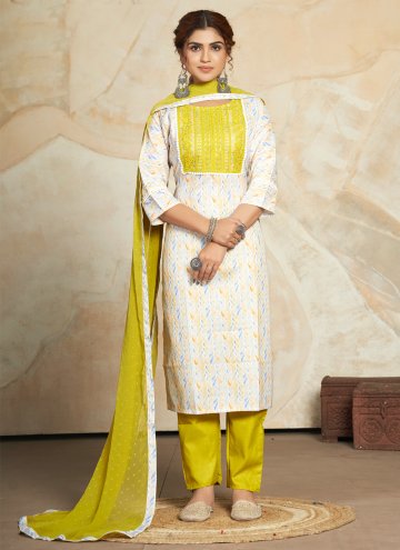 Blended Cotton Salwar Suit in Green and White Enhanced with Digital Print