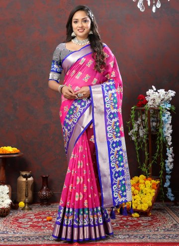 Blue and Pink color Organza Contemporary Saree wit