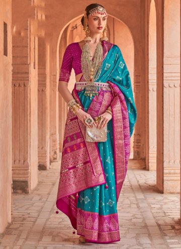 Blue and Turquoise Trendy Saree in Silk with Patola Print