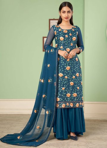 Blue color Embroidered Georgette Palazzo Suit