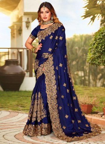 Blue color Embroidered Satin Trendy Saree