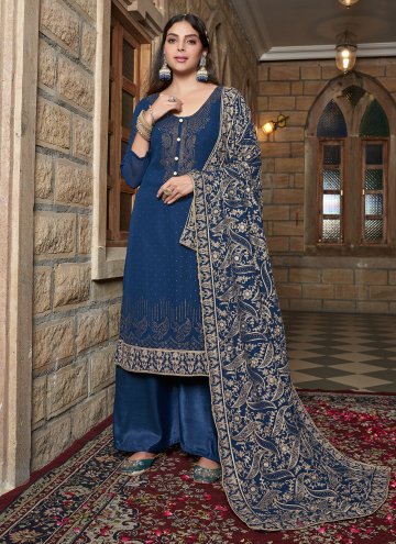 Blue color Georgette Trendy Salwar Suit with Diamo