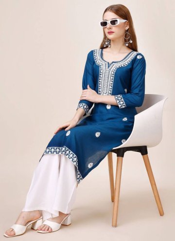 Blue Cotton  Embroidered Casual Kurti for Casual