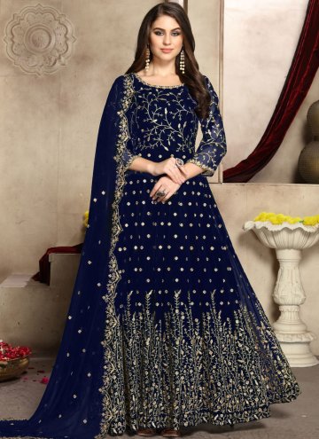 Blue Faux Georgette Embroidered Anarkali Suit