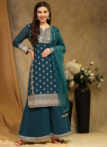 Blue Palazzo Suit in Faux Georgette with Embroider