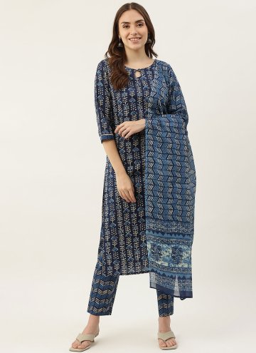 Blue Pant Style Suit in Cotton  with Printed