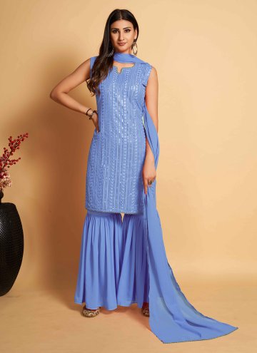 Blue Readymade Anarkali Salwar Suit in Georgette with Sequins Work