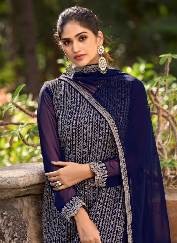 Blue Straight Salwar Kameez in Silk with Embroidered