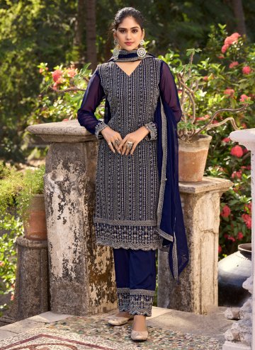 Blue Straight Salwar Kameez in Silk with Embroidered