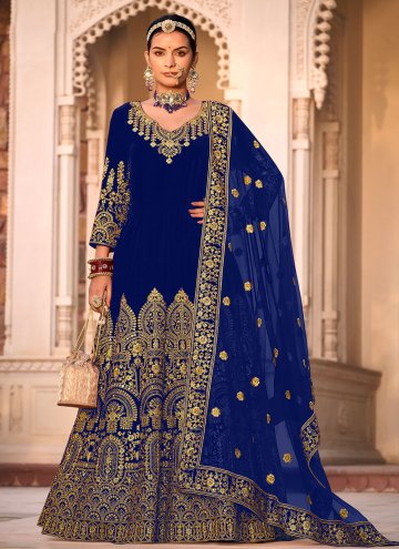 Blue Velvet Embroidered Anarkali Salwar Kameez for