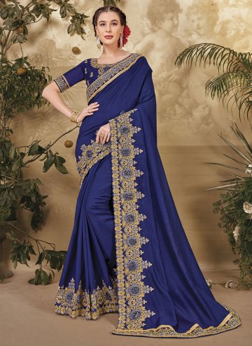 Blue Vichitra Silk Embroidered Contemporary Saree