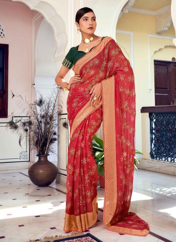 Brasso Georgette Contemporary Saree in Red Enhance