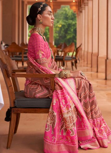 Brown and Pink Trendy Saree in Patola Silk with Border