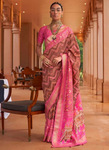 Brown and Pink Trendy Saree in Patola Silk with Bo
