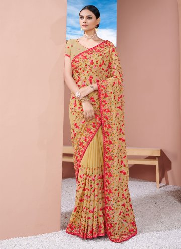 Brown color Georgette Traditional Saree with Embroidered