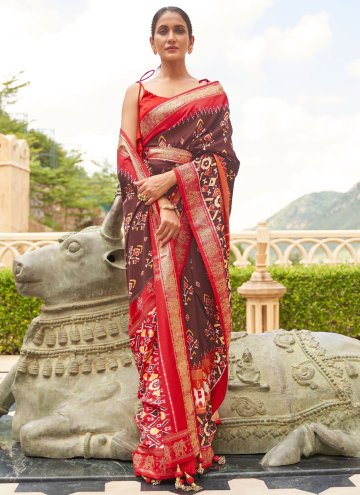 Brown Designer Saree in Pashmina with Abstract Print