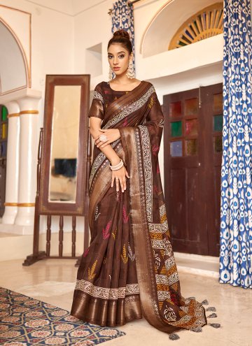 Brown Poly Cotton Printed Classic Designer Saree for Casual