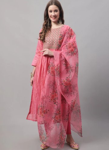 Chanderi Salwar Suit in Pink Enhanced with Embroidered