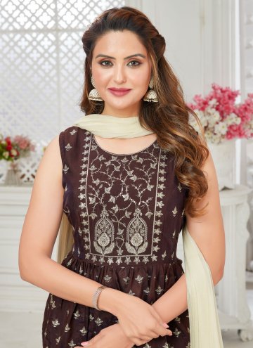 Chanderi Silk Salwar Suit in Brown Enhanced with Resham Work