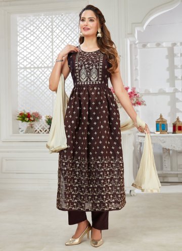 Chanderi Silk Salwar Suit in Brown Enhanced with R