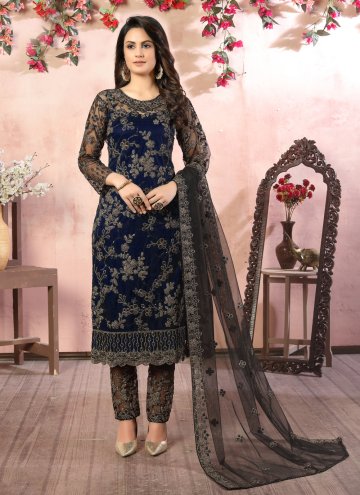 Charming Black and Blue Net Embroidered Pant Style
