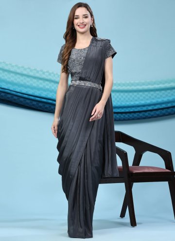 Charming Black Satin Silk Embroidered Trendy Saree