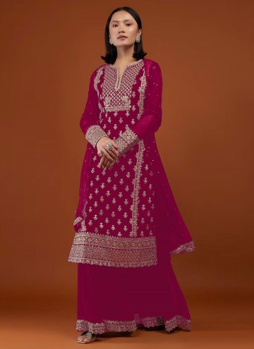 Charming Embroidered Georgette Hot Pink Palazzo Suit