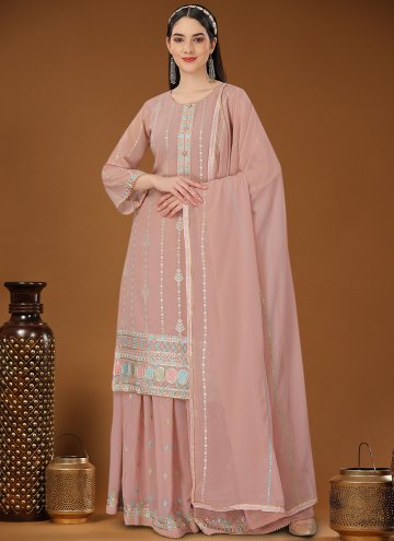 Charming Embroidered Georgette Rose Pink Palazzo Suit