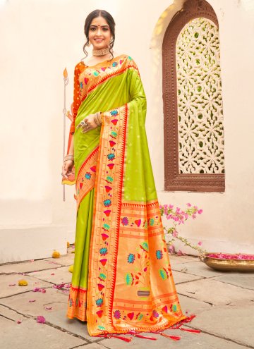 Charming Green Silk Woven Designer Traditional Sar