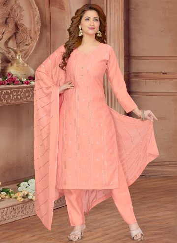 Charming Peach Silk Resham Work Trendy Salwar Kameez