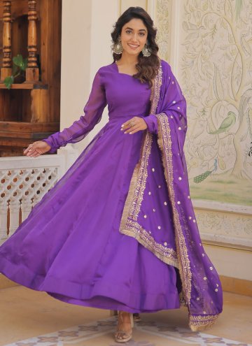 Charming Purple Silk Plain Work Gown for Ceremonial