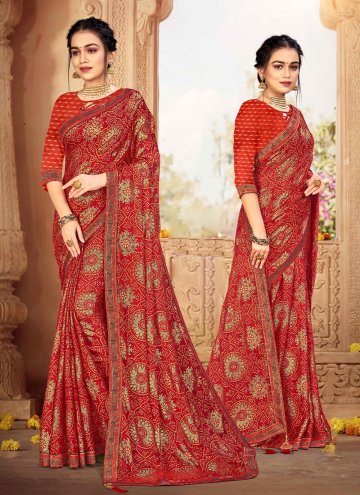 Chiffon Traditional Saree in Red Enhanced with Wov