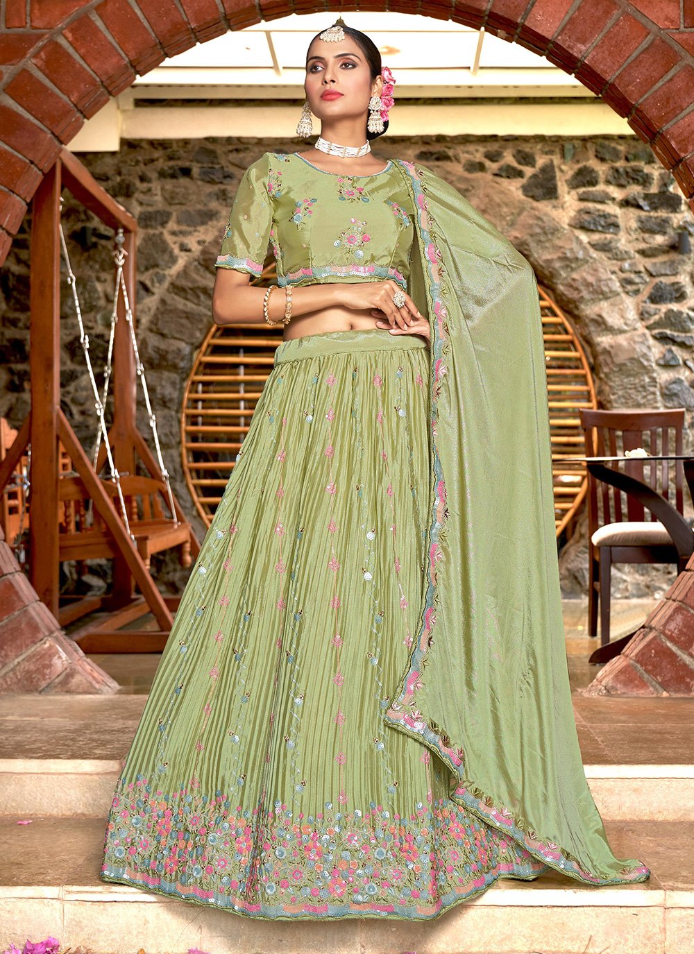 Chinon Designer Lehenga Choli in Green Enhanced with Embroidered