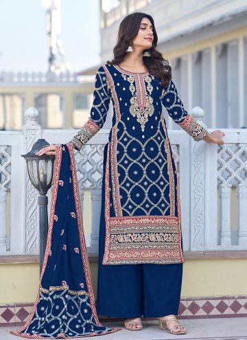 Chinon Trendy Salwar Kameez in Blue Enhanced with 