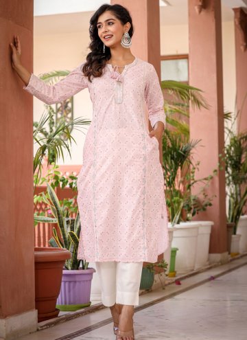 Cotton  Designer Kurti in Pink Enhanced with Mirro