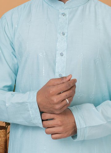 Cotton  Kurta Pyjama in Aqua Blue Enhanced with Embroidered