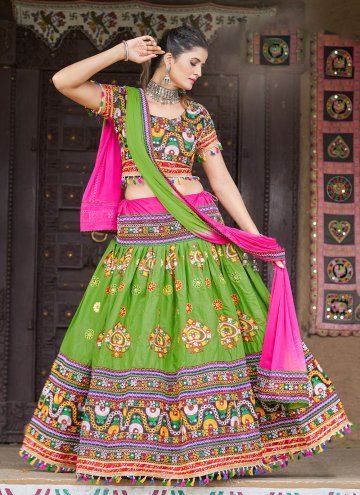 Cotton  Lehenga Choli in Green Enhanced with Embroidered