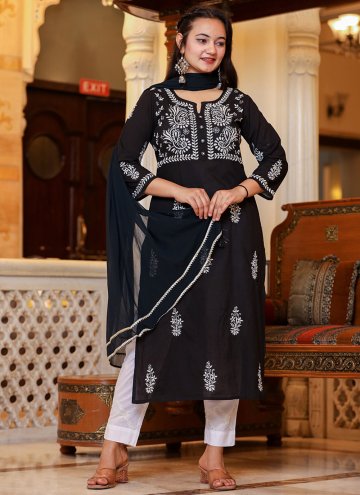 Cotton  Salwar Suit in Black Enhanced with Lucknow