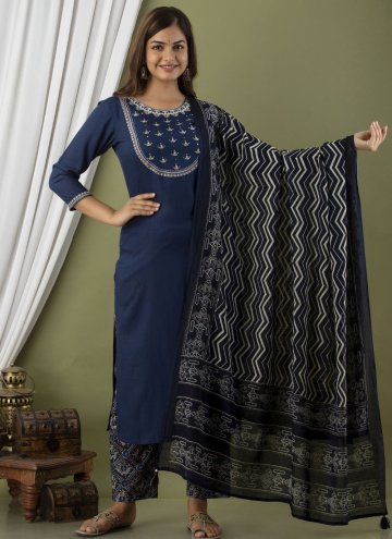 Cotton  Salwar Suit in Blue Enhanced with Embroidered