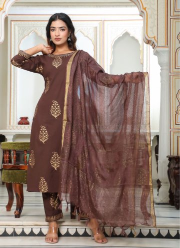 Cotton  Salwar Suit in Brown Enhanced with Embroidered