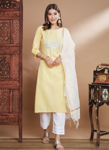 Cotton  Salwar Suit in Yellow Enhanced with Embroi
