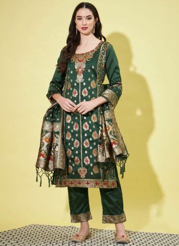 Cotton Silk Salwar Suit in Green Enhanced with Jac