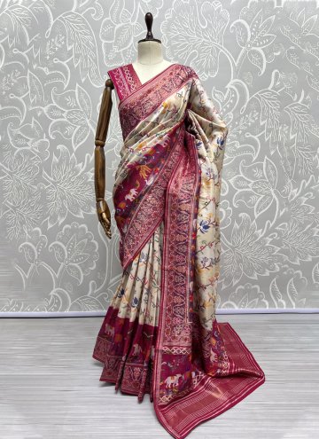 Cream and Rani Designer Saree in Silk with Woven