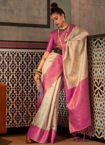 Cream and Rani Trendy Saree in Handloom Silk with Woven