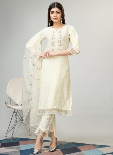 Cream color Viscose Pant Style Suit with Embroider