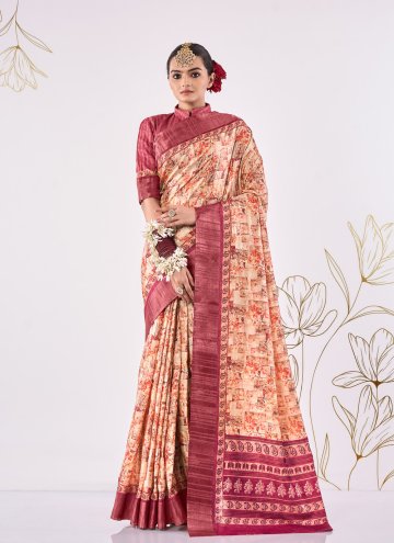 Cream Designer Traditional Saree in Silk with Fanc