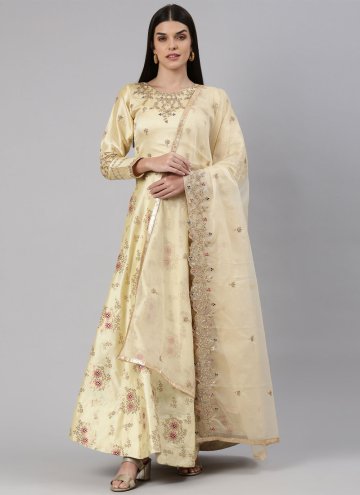 Cream Readymade Designer Gown in Banarasi Jacquard