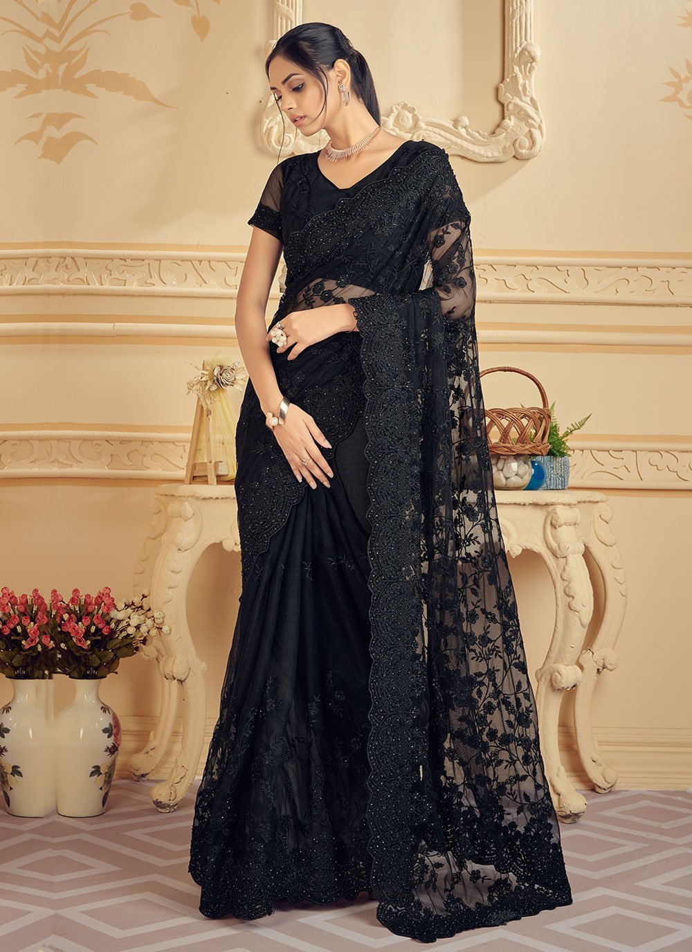 Dazzling Black Net Embroidered Trendy Saree