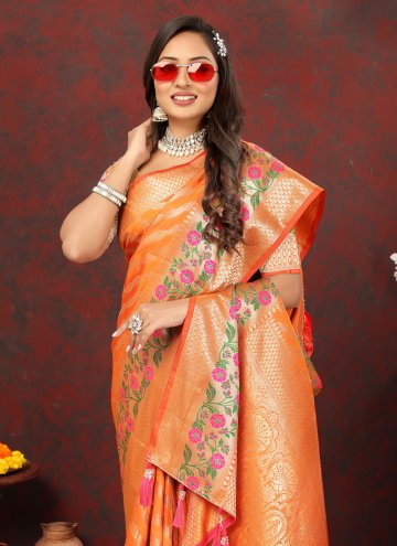 Dazzling Orange Silk Meenakari Classic Designer Saree for Ceremonial
